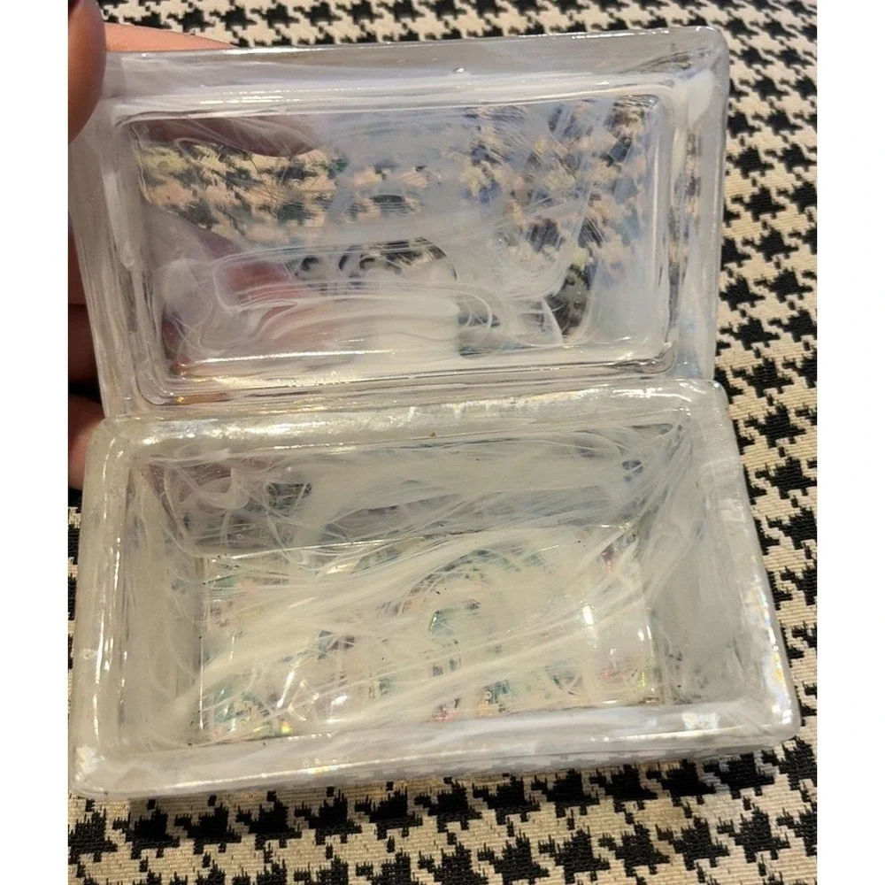 VTG White Opulent Glass W/ Lid iridescent Trinket Vanity Box‎ Swirl Beautiful